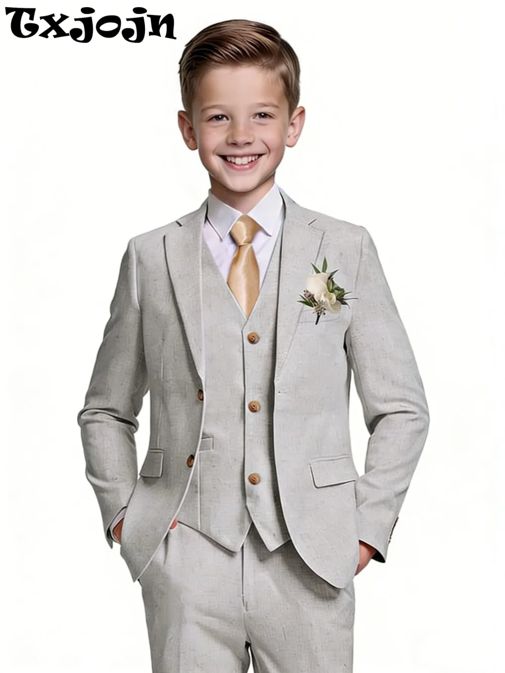 Txjojn – costumes en lin pour garçons, 3 pièces, vêtements de mariage d'été, ensemble de costume formel à revers cranté pour spectacle sur scène, smoking décontracté, 2-20T