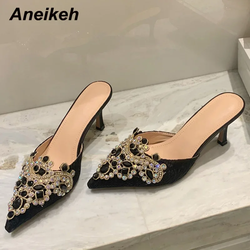 Aneikeh 2026 NEW Spring/Autumn Fashion Women Pointed Toe Pumps PU Thin Heels Retro Appliques Mules Polka Dot Party Slip-On Black