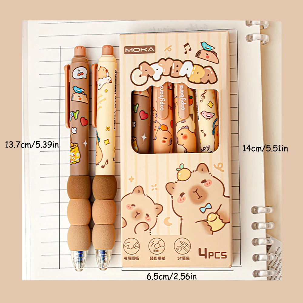 4Pcs 만화 귀여운 Capybara 지울 수있는 젤 펜 Kawaii 빠른 건조 쓰기 부드럽고 우아한 중립 펜 미적 편지지