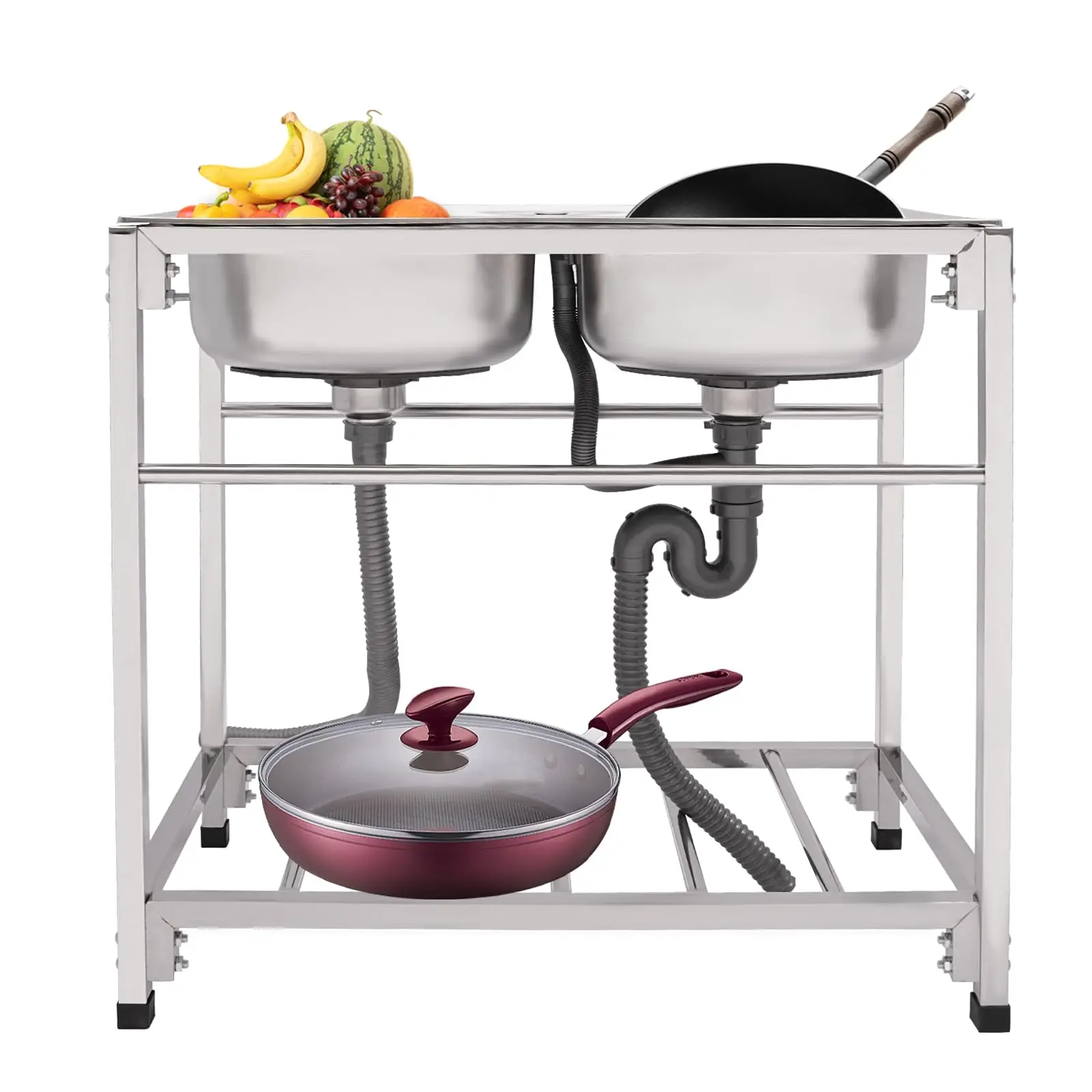 

Stainless Steel Utility Sink, Double Bowl Freestanding Commercial Kitchen Sink with Faucet & Storage Shelf, Washing Hand Basin f