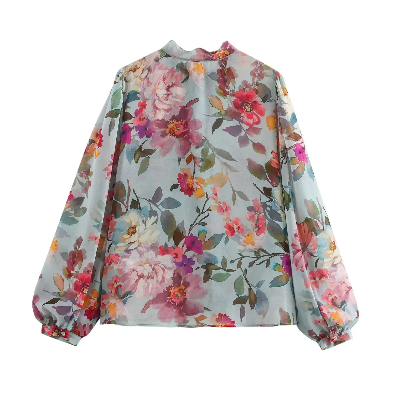 Spring New Women's Shirt European Style Versatile Bow Decoration Printed Shirt Fashion Retro Chiffon Floral Blouses Print Loose