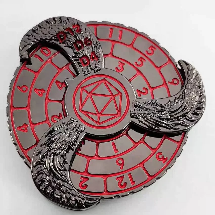 

Unique Dice's new rotating dice, 7-in-1 digital dice, in the style of the metallic dragon.