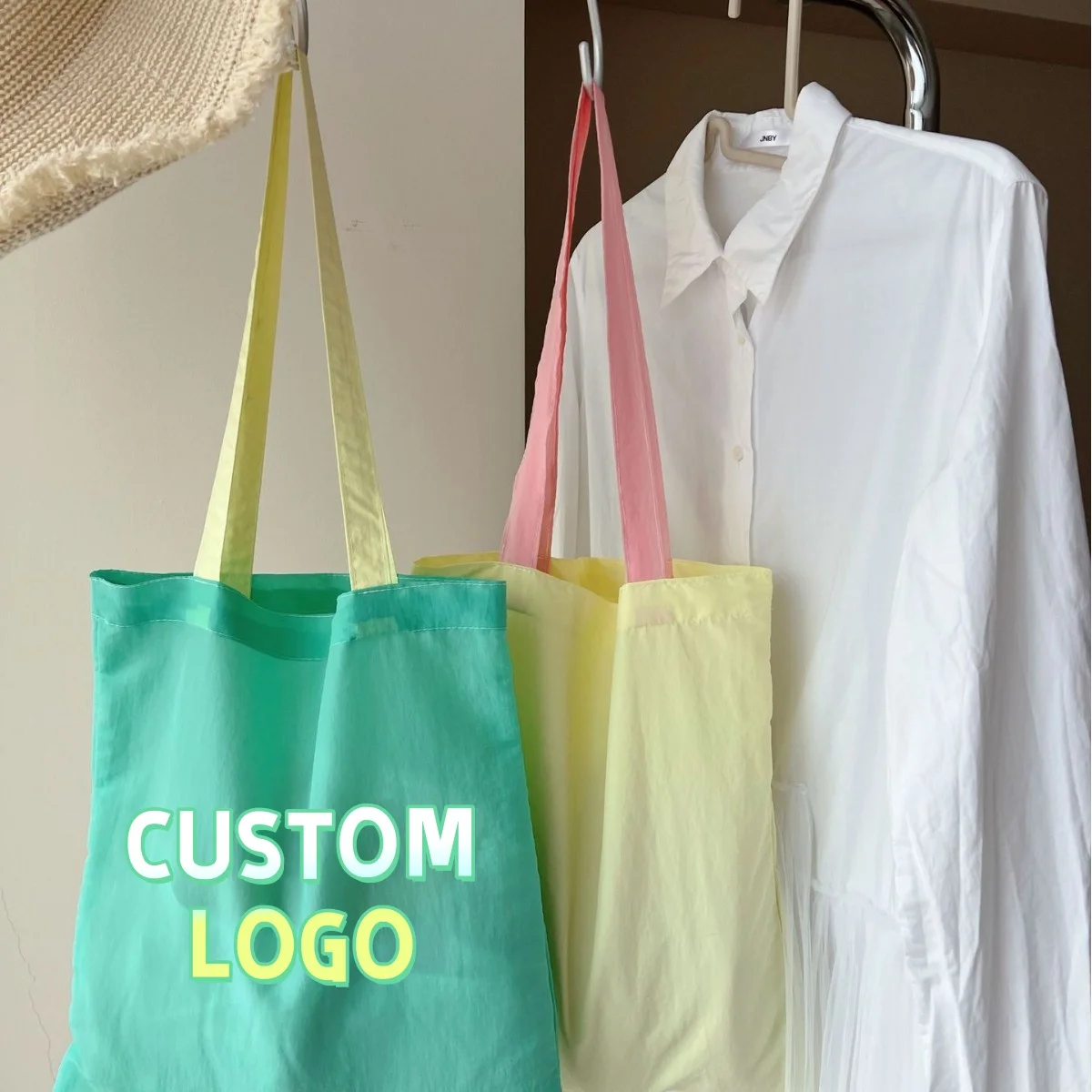 Custom Logo Tote Bag Dopamine Color Contrast Shoulder Bag Lightweight Foldable Blank Canvas Shopping Bag Summer Daily Commute