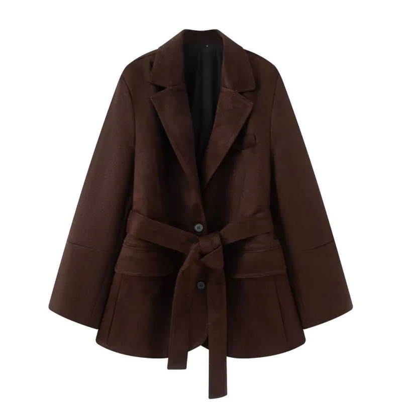 معطف خارجي عالي الجودة معطف عصري بدلة ريترو سترة أنثوية ساحرة عصرية من جلد الغزال حزام بدلة على الطراز القديم سترة نسائية