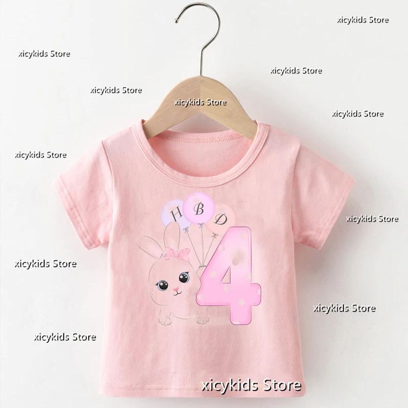 2023 Fashion Girls T-Shirt Cute Balloon Bunny Birthday Number 1-9 th Birthday Gift Clothes For kids Tshirt Girls Pink tshirts