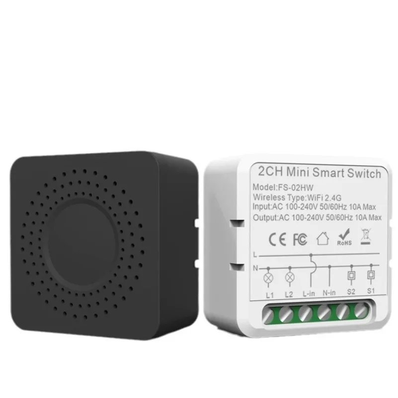2CH Mini Smart Switch FS-02HW, WiFi 2.4G Hidden Box Relay Module, Dual Control Light Switch, Remote Control Home Automation
