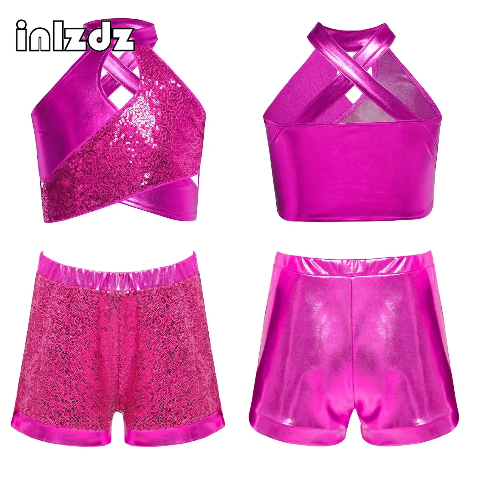 Traje de baile de Jazz con lentejuelas para niñas, traje moderno de actuación de baile callejero de Hip Hop, Top corto metálico + Pantalones cortos, conjuntos de Ropa de baile de 2 piezas