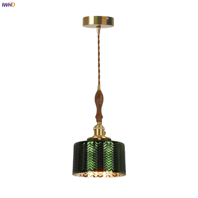 

IWHD Green Wave Pattern Lampshade LED Pendant Lamp Cafe Loft Dining Living Room Bedroom Modern Minimalism Glass Hanging Light