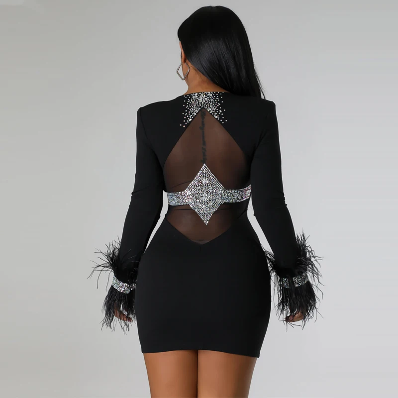 Female Clothing Evening Dress Sexy Mesh Patchwork Tight Mini Skirt Women\'s Feather Long Sleeved Perspective Birthday Dress Luxur
