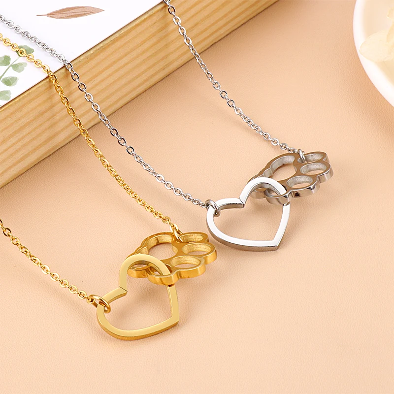 

Palm Pat Paw Peach Heart Pendant Long Necklace for Women Girl Gold Silver Rose Gold Color Stainless Steel Choker Luxury Jewelry