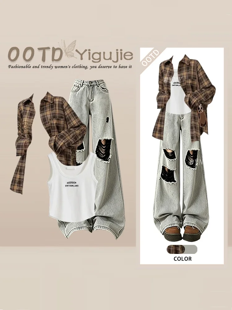American Style Plaid Long Sleeve Shirt Slim Fit Vest Denim High Waist Lettering Inner Wear Hole Jeans High Waist Three Piece Set