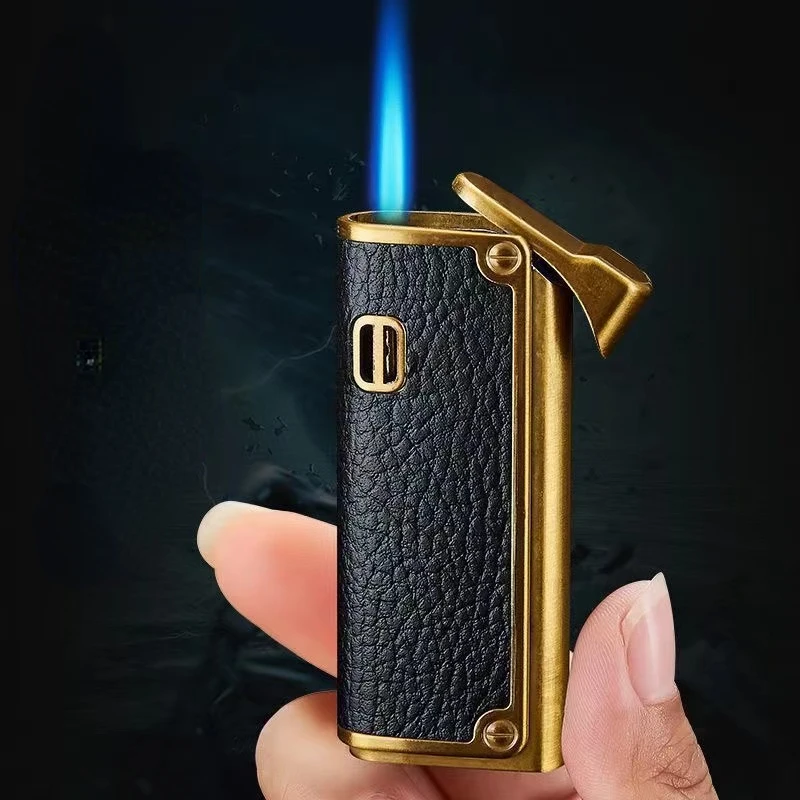 Genuine Leather Cigar Punch Lighters Refillable Windproof Gentlemen Jet Flame Cigarette Torch Embossed Windproof Lighter