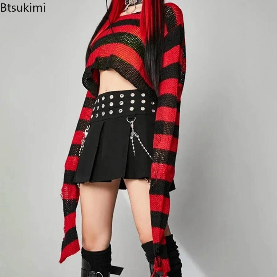 New 2025 Women\'s Punk Gothic Striped Hollow Out Sweater Color Block Long Sleeve Ripped Y2K Tops Pullovers Retro Knitted Jumpers