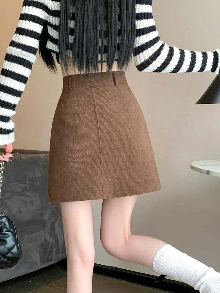 Corduroy Mini Skirts for Women Simple High Wait Fashion Autumn Winter A-line Faldas Tender College Girls All-match Korean Style