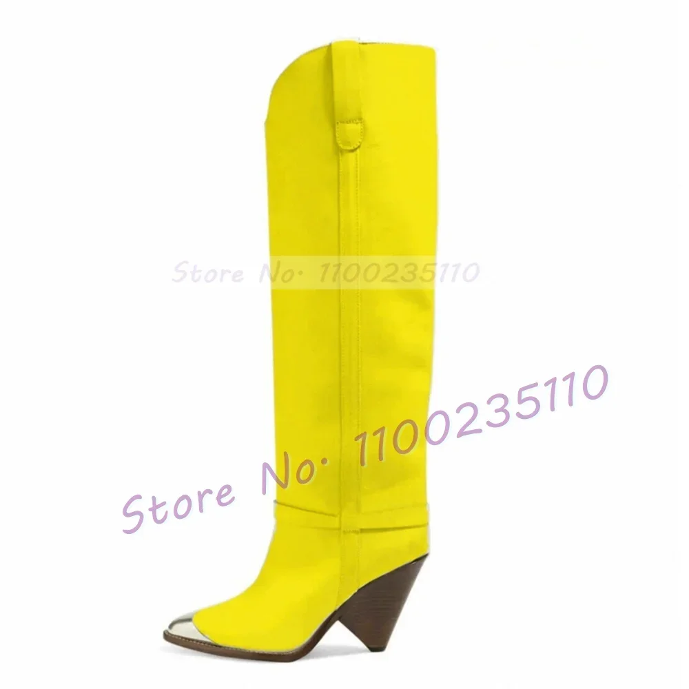 Silver Metal Toe Tan Knee-High Boots Women Fashion Pointed Toe Cone Heel Catwalk Shoes Ladies Stylish Cool Girls Slanted Boots image 5