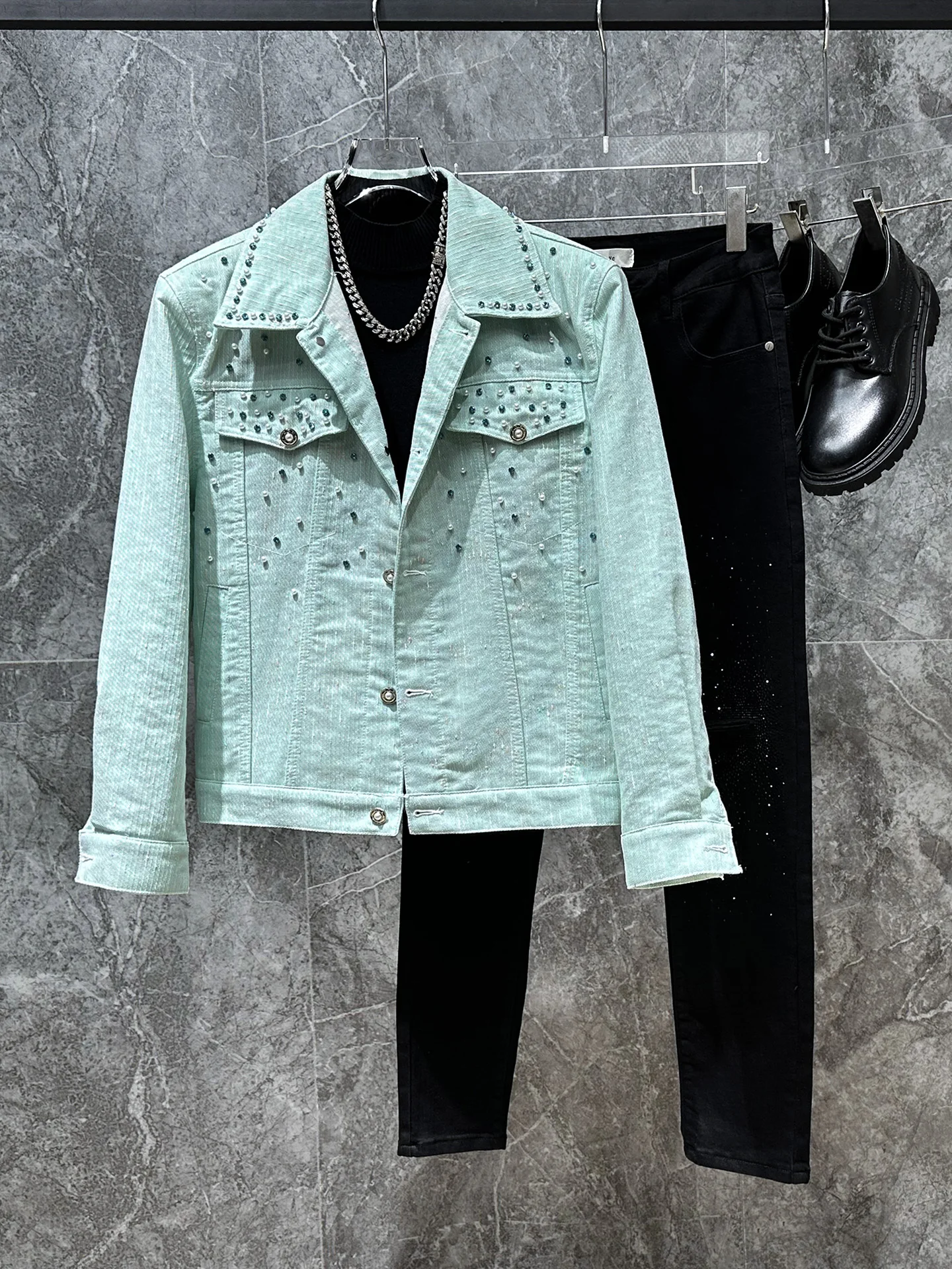 

Trendy ort Diamond Embedded Jaet for Men Casual Loose Sle Korean Design Faionable Youth ulari Spring Autumn Wear