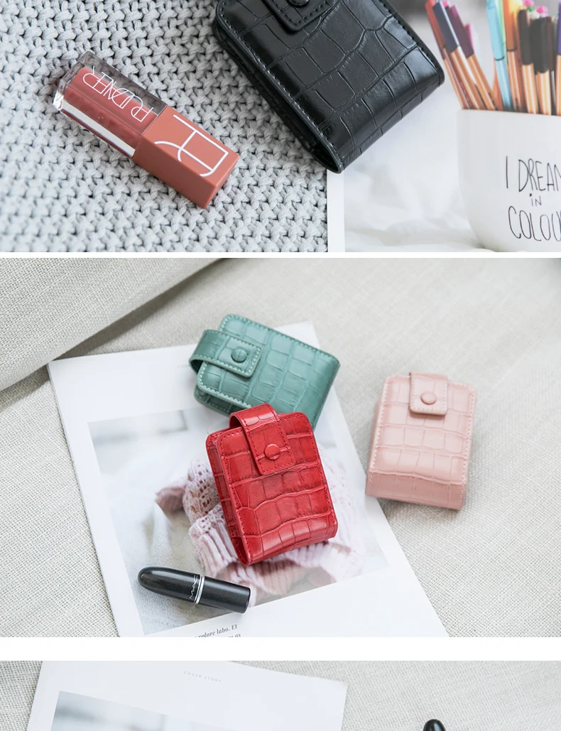 Tragbare Mini-Lippenstift-Tasche mit Spiegel, minimalistische kleine Kosmetiktasche mit Knopf, Damen-Make-up-Aufbewahrungskoffer mit Krokodilprägung – Detail 23