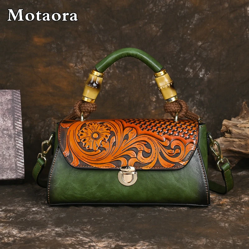 MOTAORA New Vintage Women's Bag 2024 Trend Leather Handbag Carving Craft Ladies Shoulder Bag For Women Luxury Crossbody Bags