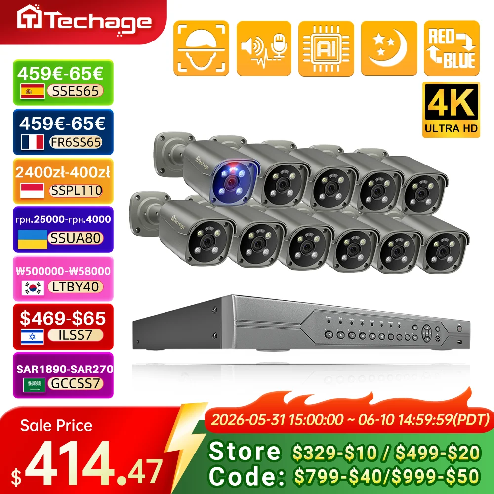 

Techage 16CH 8MP 5MP POE Surveillance Camera CCTV System Camera H.265 4K Two-way Audio NVR Human Face Recognition Security Set