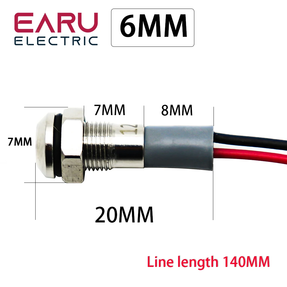6mm Metal LED Warning Indicator Light Waterproof IP67 Signal Lamp Pilot Wires Switch 5/12/24/220V Red Green Blue White Yellow