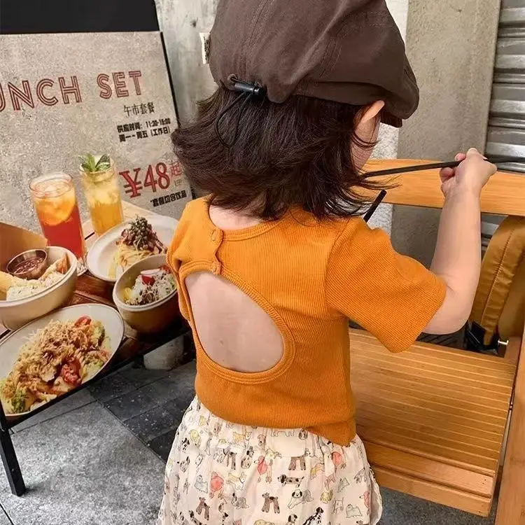 

summer baby girls t-shirt kids clothes Korean style short sleeve open back hollow out toddler knitted shirts tops 2 to 10 years