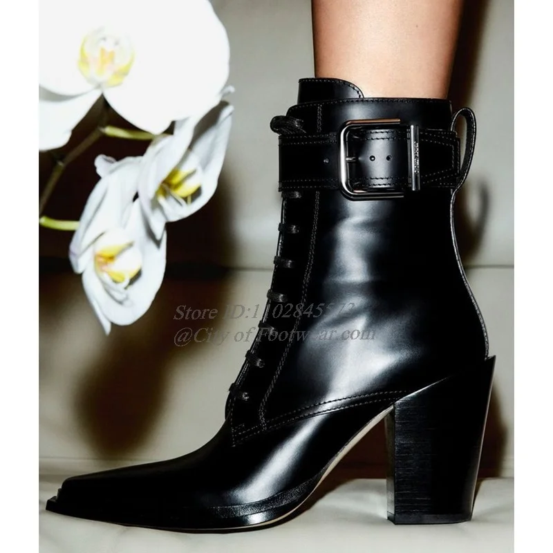 Black Leather Pointed Toe Chunky Heel Buckled Ankle Boots 2024 Winter New in Lace up Booties Luxury Designer Causal Dress Shoes