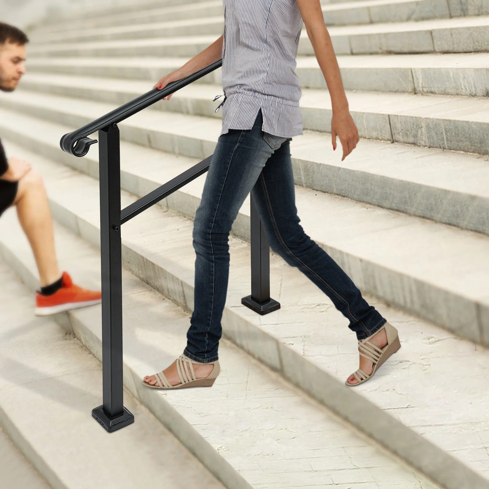 3FT Black Wood Handrail - Outdoor Safety Railing for Stairs & Porches, Quick Install