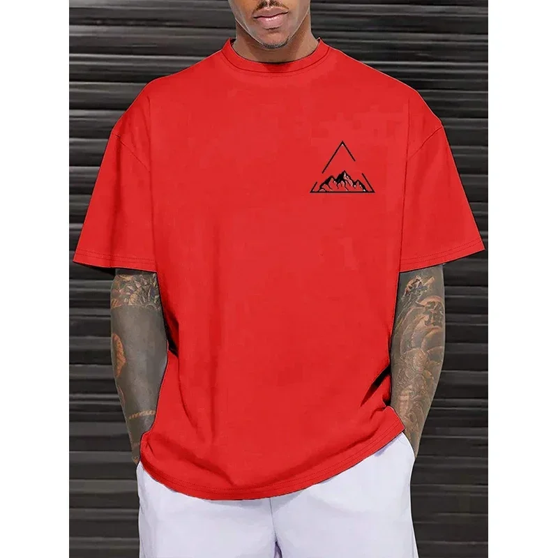 The new geometric pattern mountain scenery printed short-sleeved T-shirt is suitable for summer men's casual fashion. It is suit