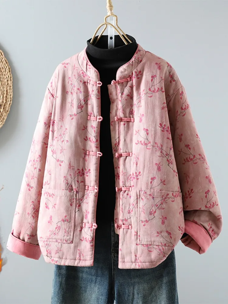 

Chic Cotton Jaet Women's Winter Zen Sle Tang Costume Button Stand Collar Cotton Top Beautiful Wind Cotton Clothes Outerwear