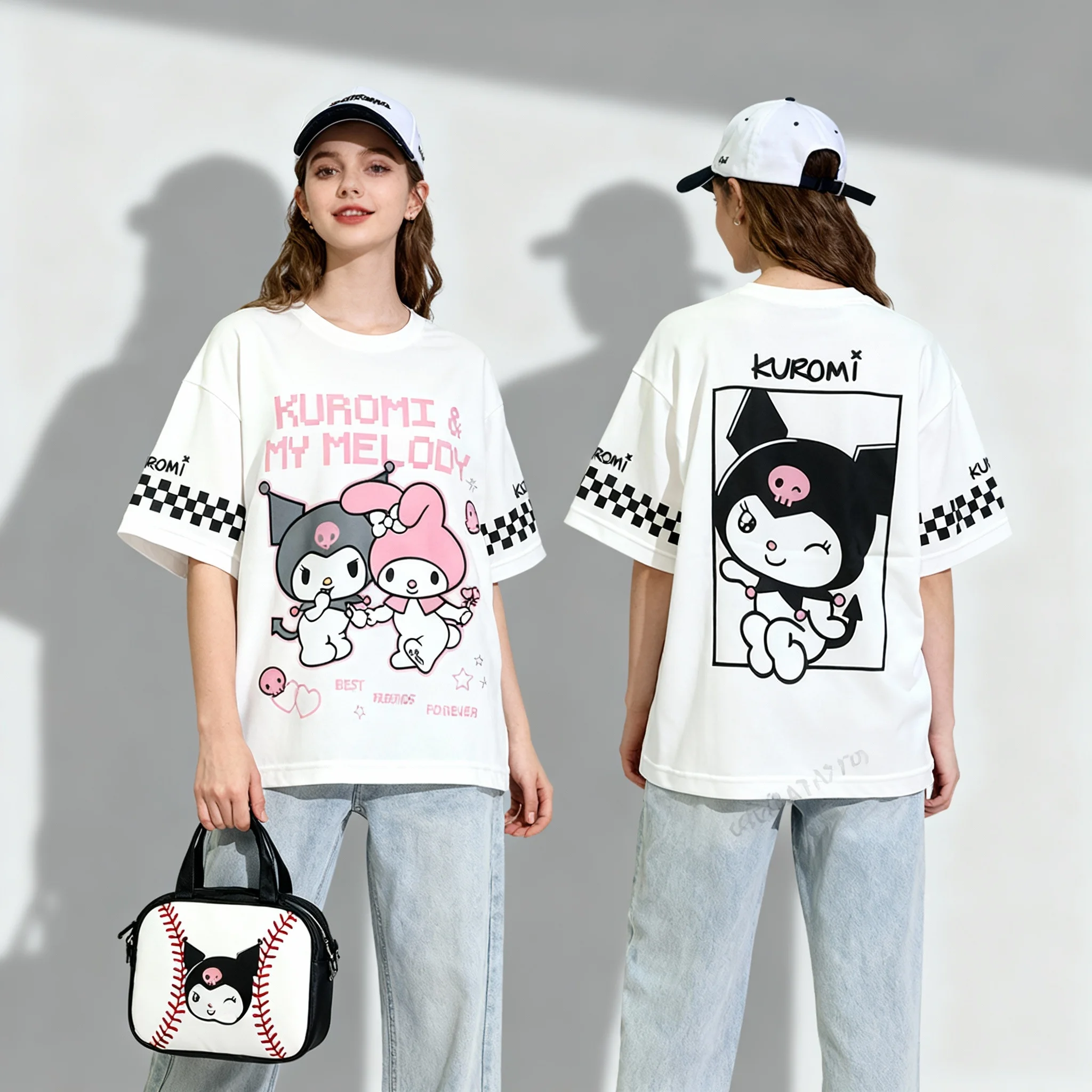 

Семейная серия Sanrio Kuromi, милая и крутая американская уличная летняя футболка для женщин и мужчин, топ больших размеров для взрослых