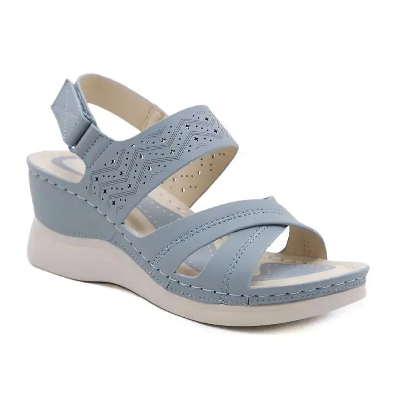 Brand Summer Fashion Wedge Sandals Women Hollow Out Buckle Leisure Cross-Tied Sewing Thread Beach Blue Waterproof Black