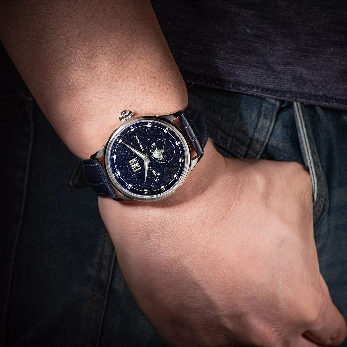Sugess Moonphase Herrenuhr, 40 mm, automatische mechanische Armbanduhren, Origin ST2528, Uhrwerk, blaue Sandstein-Zifferblätter aus Edelstahl – Detail 15