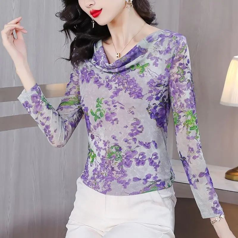 New Skin Yarn Elastic Mesh Printed Slimming and Versatile Lace Long Sleeve Temperament T-shirt with Stylish Colors and Dopamine