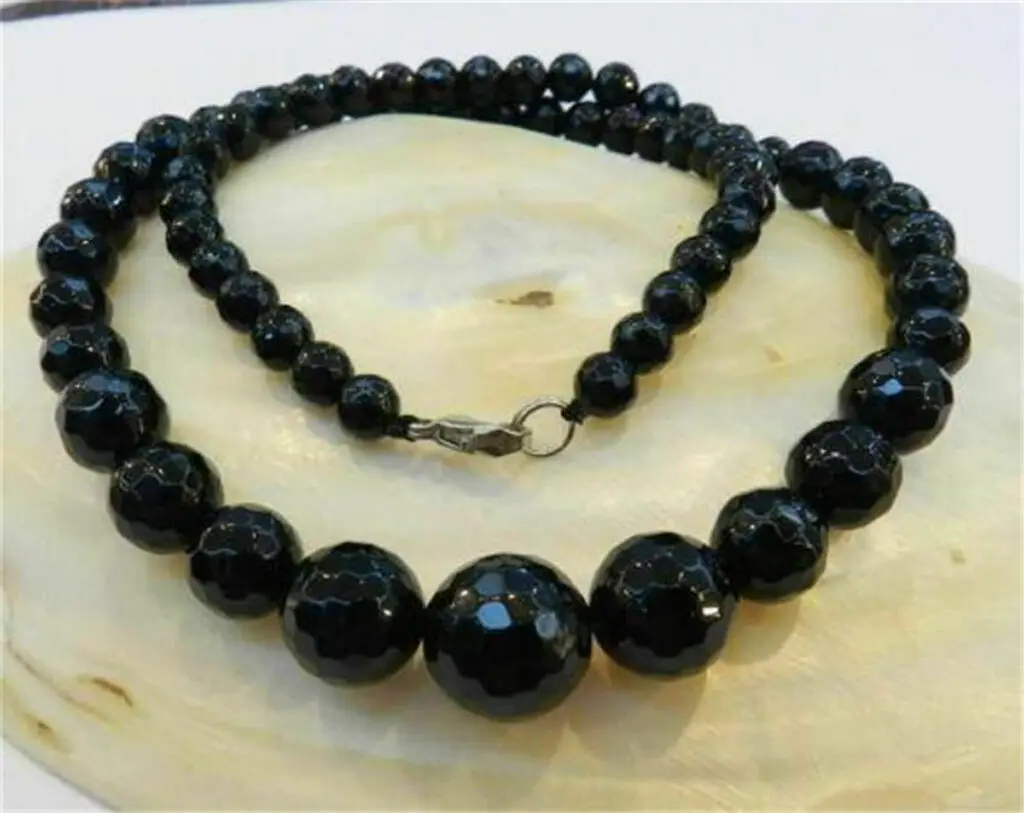 

Faceted 6-14mm Black Agate Round Onyx Gems Beads Necklace 18" S105