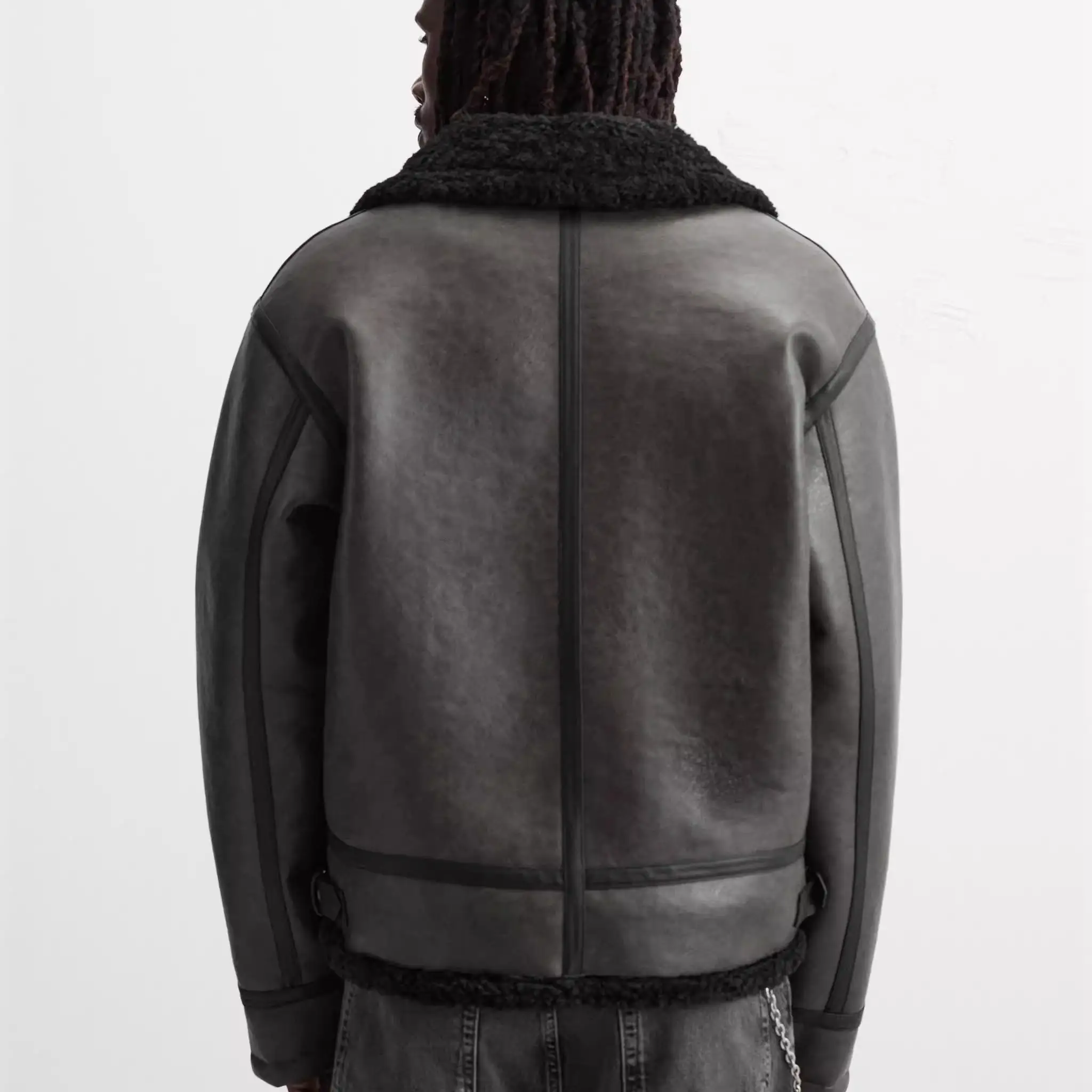 

Autumn Winter New Men's Loose Double-Sided Faux Leather Color Blo Fce Jaet ort Outerwear Youth Faion Winter Long S...