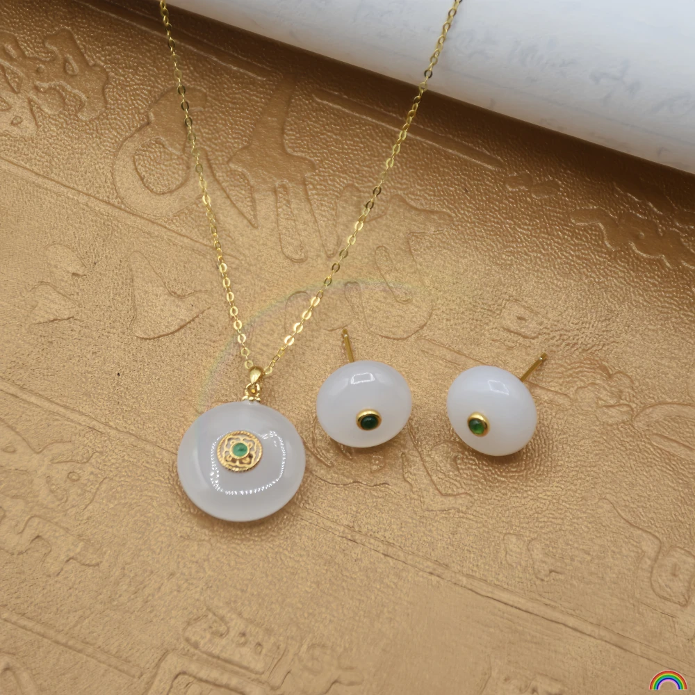 

Natural Hotan Jade Sheep Fat White Jade Pendant Earrings s925 Silver Lipped Jade National Style Simple Jade Jewelry Rwbuy