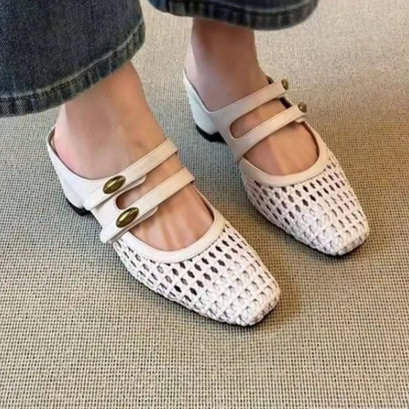 

Woven Breathable Hollow-out Wrapped Head Semi-drag Women's New Square Head Shallow Mouth Metal Buckle Thick Heel Cool Drag