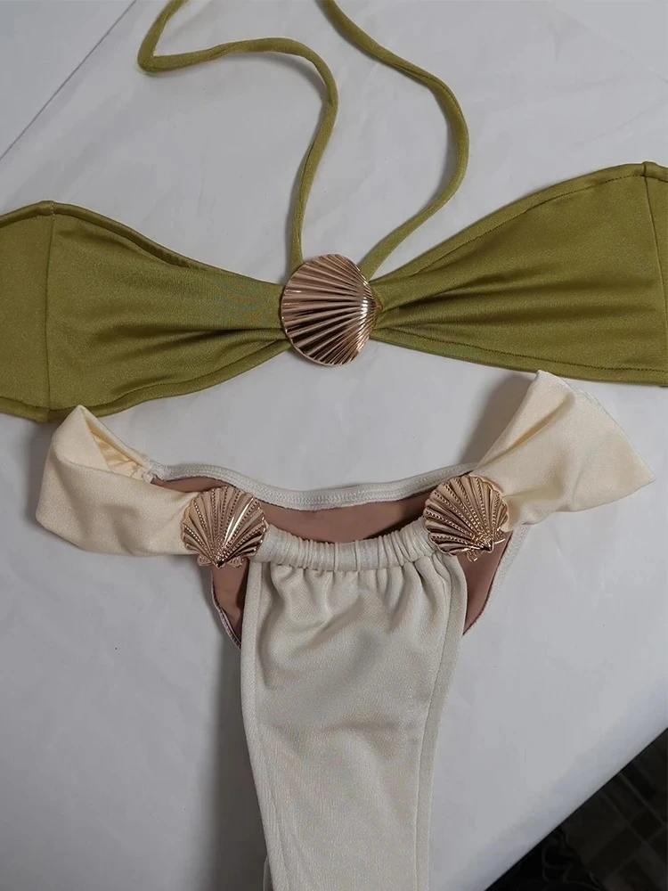 

2025 New Sexy Low Waist Women Swimsuit Swimwear Bikini Sets Solid Thong Bandeau Strappy Brazilian Beachwear Bathing Suit biquini
