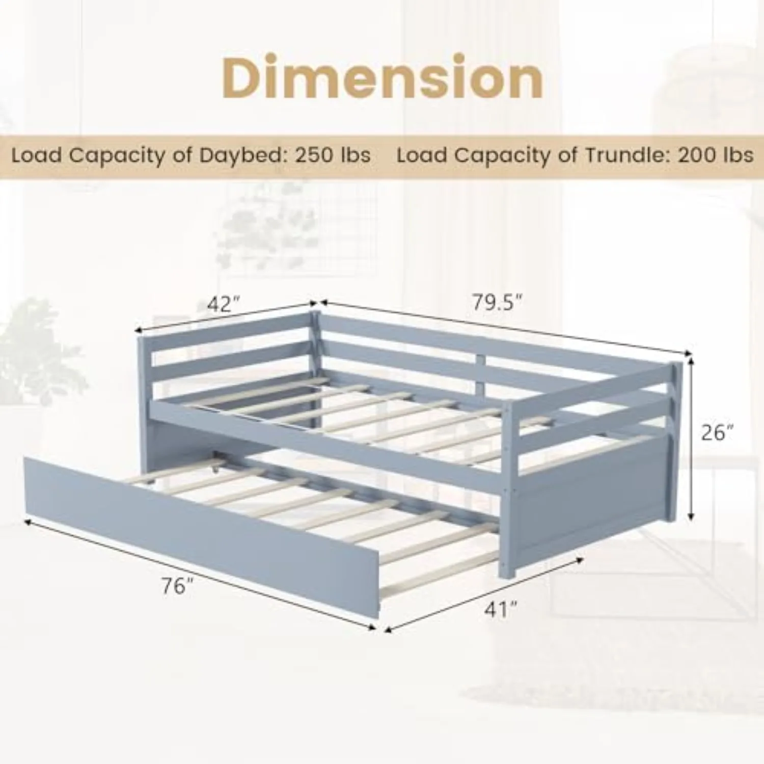 Twin Bed with Trundle, Wood Daybed Frame with Trundle, No Box Spring Needed Sofa Bed Frame, Twin Size Trundle Bed for