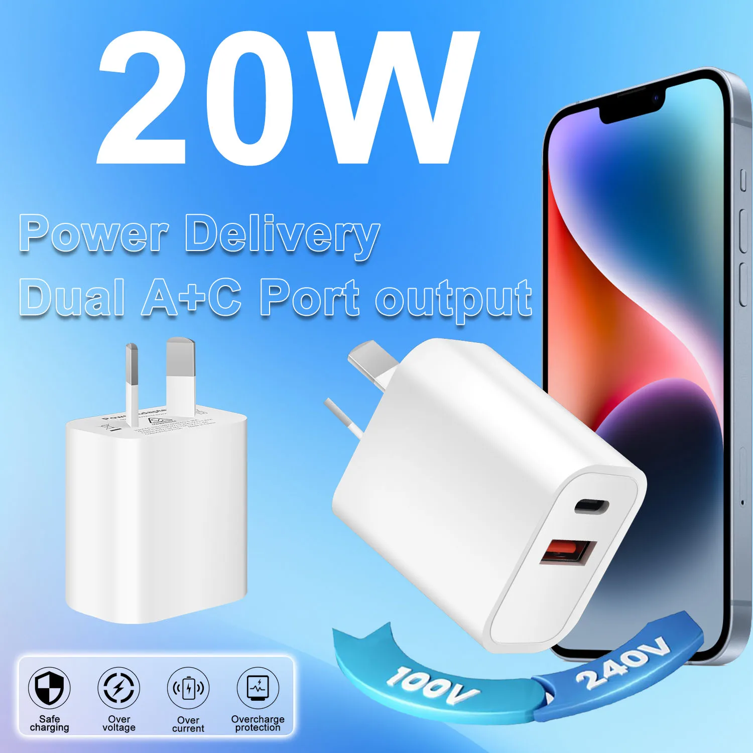 1Pc Australian Standard Dual Charging Port AU Plug Quick Charger 20W Fast Charging Adapter, USB Type-C Wall Charger For Mobile