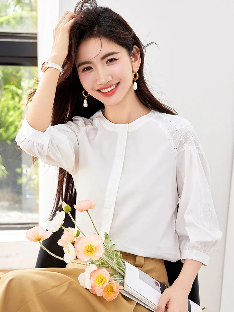 2024 Autumn New Fashion Commuting Single Breasted Blouses Round Neck Long Sleeve Shirt Chic Temperament Tops