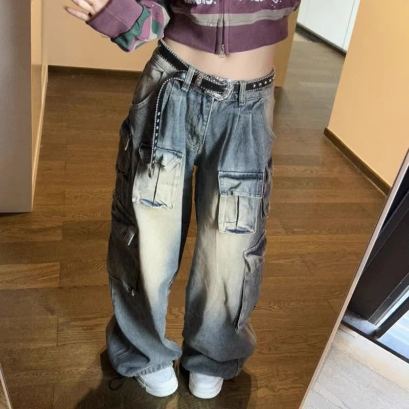 

2025 New Blue Baggy Cargo Jeans Women Harajuku Y2K 90S Retro High Waist Denim Trousers Hip Hop Pockets Wide Leg Cowboy Pants