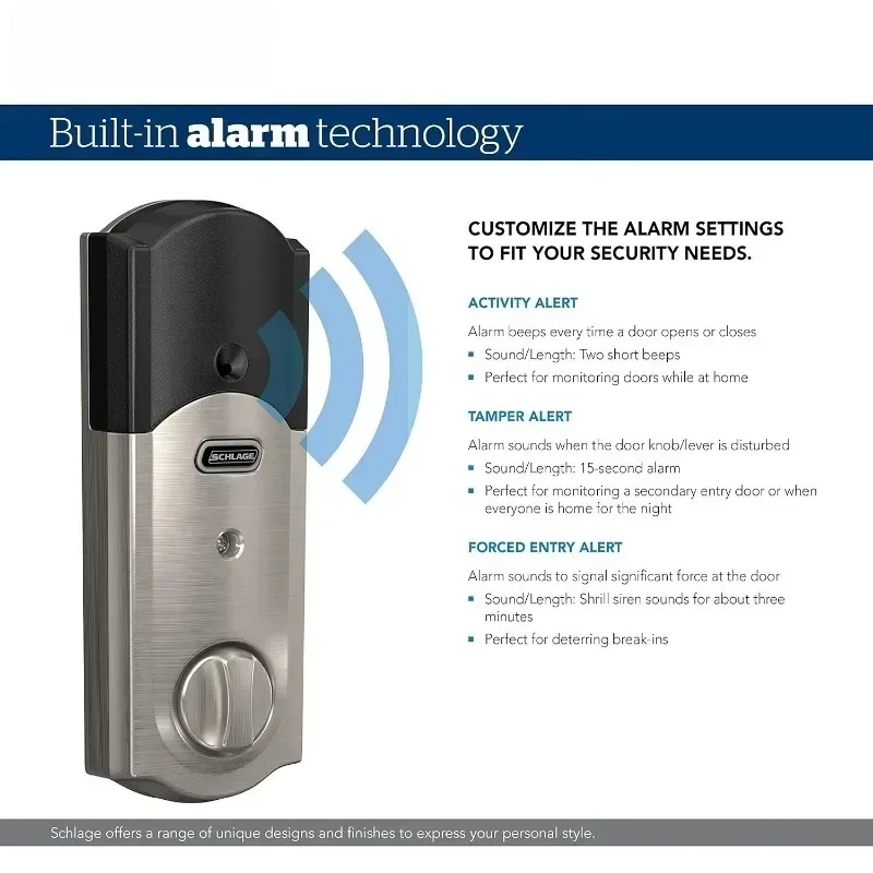 

2025 hot sale Authenticity guarantee.SCHLAGE BE469ZP CAM 619 Connect Smart Deadbolt with alarm with Camelot Trim in Satin Nickel