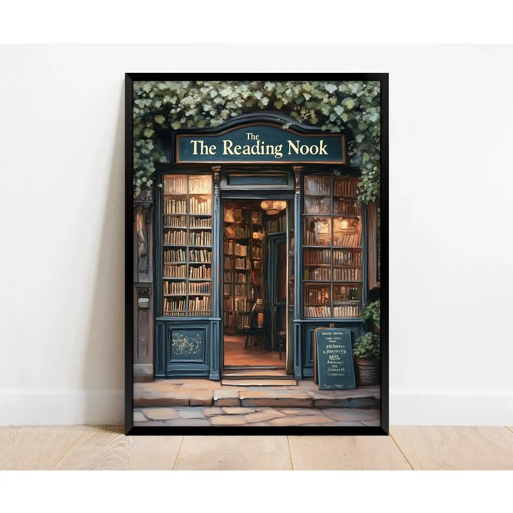 بدون إطار، كتب المتاجر والدوريات، ملصق زاوية القراءة، لوحة قماشية، كوخ مع رقاقات الثلج، هدية مروحة الكتاب، ديكور غرفة النوم