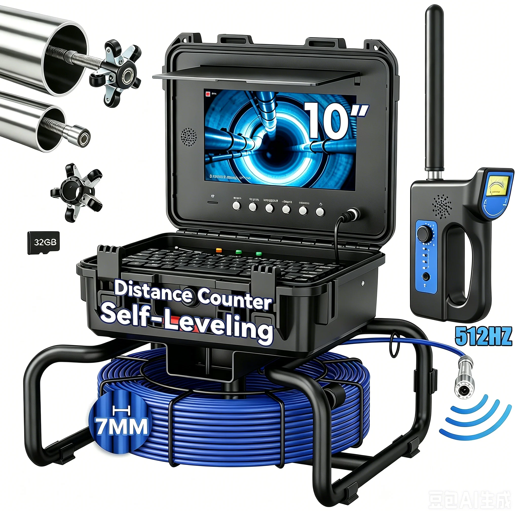 Sewer Inspection Camera -Auto Self Leveling Sewer Camera with 512Hz Wireless Locator, HD Waterproof Sewer Endoscope with 12 LEDs