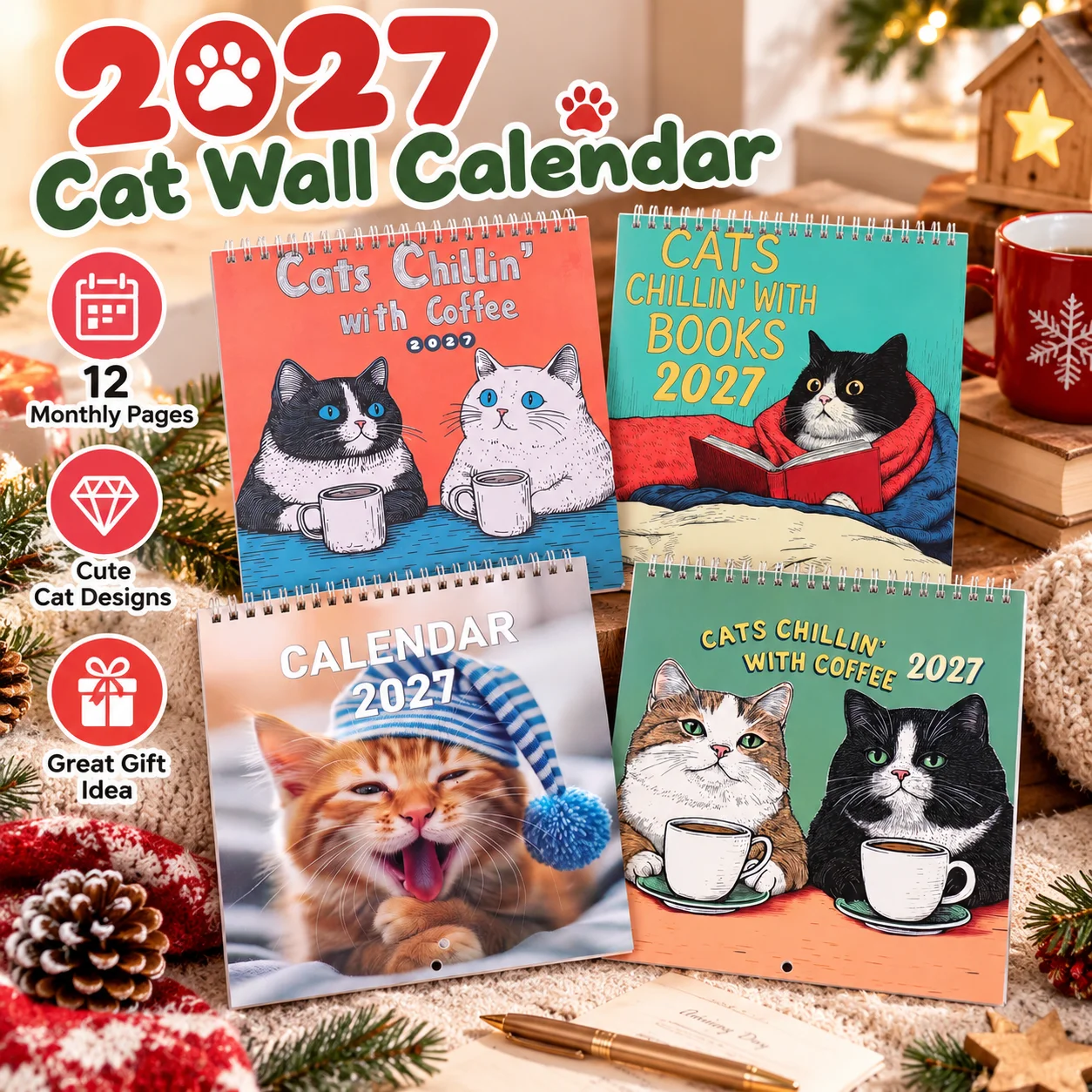 2027 Funny Cat Wall Calendar， 4 Styles, Spiral Bound Monthly Planner For Home Office Wall Decor Cat Lover Holiday Gift
