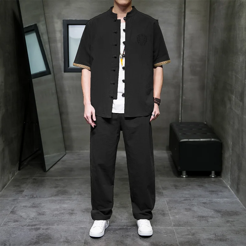 

Мужской летний комплект из хлопка и льна: рубашка с коротким рукавом и длинные брюки, винтажный этнический костюм-двойка на пуговицах для молодежи