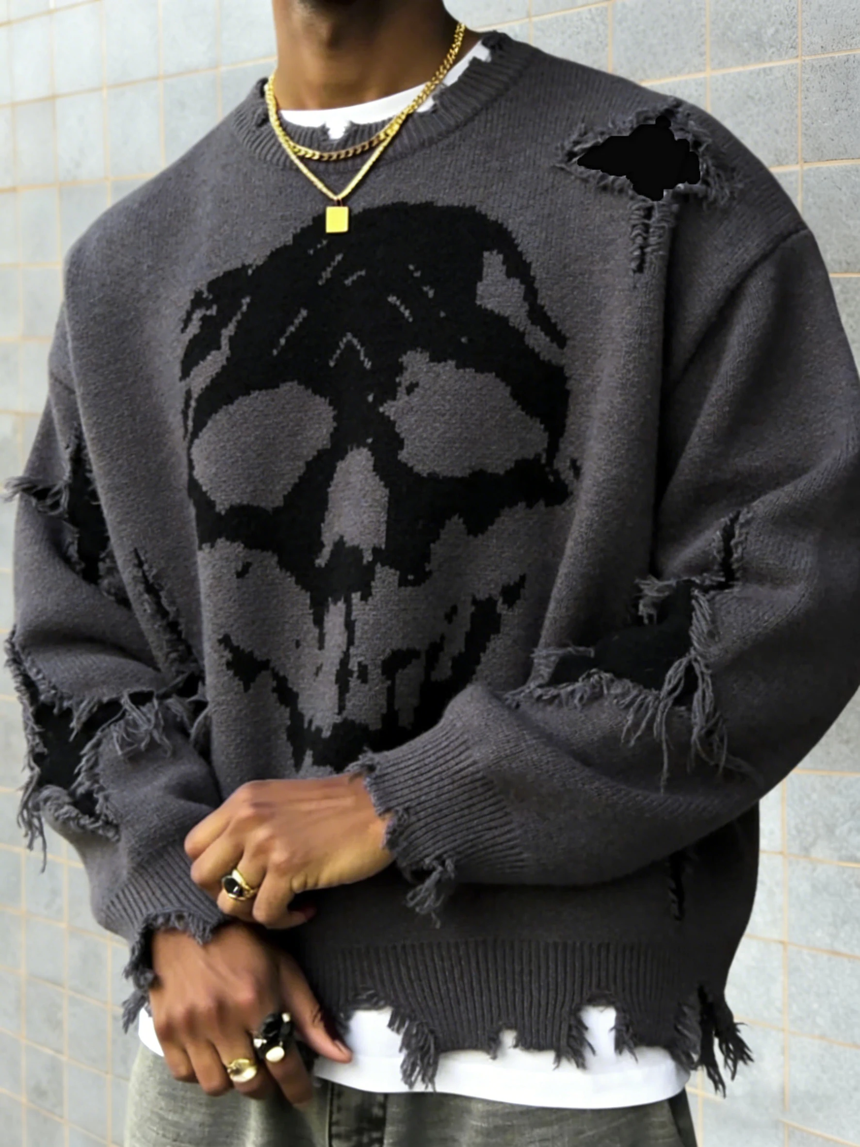 

European and American Street Style Men's Trendy Dark Skull Pattern Trendy Ripped Fringed Design Crew Neck Pullover Long Sleeve Oversized Sweater