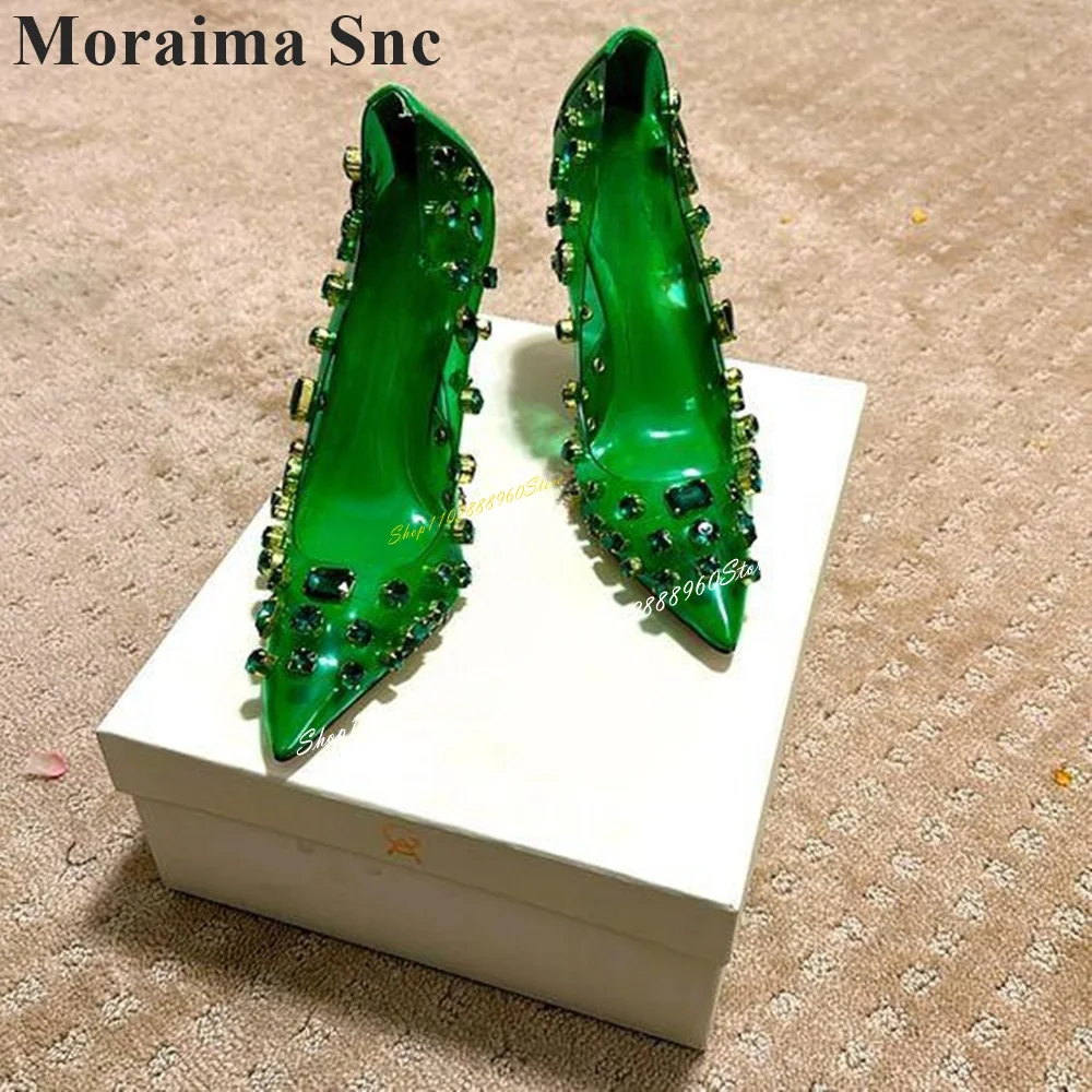 Sparkling Green PVC Crystal Decor Luxury Pumps Thin High Heel Women Shoes Slip On Pointed Toe 2024 Fashion Zapatos Para Mujere