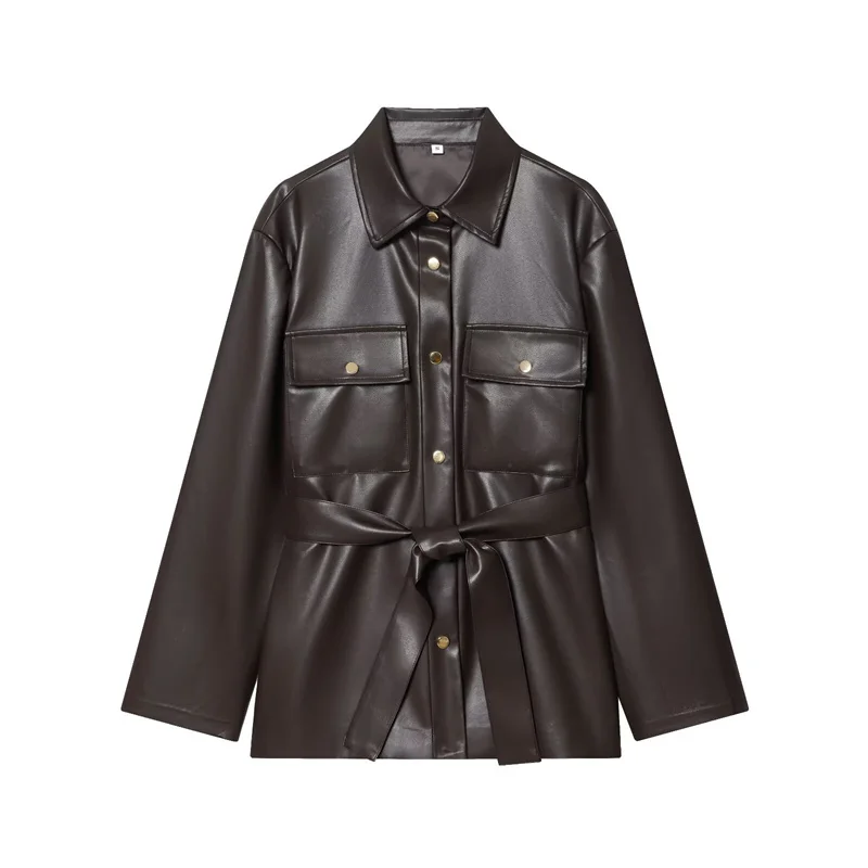 

2025 Fall/Winter New Women's Clothing, stylish and trendy, Faux Leather Belted Utility Jacket with Buttoned Pockets.